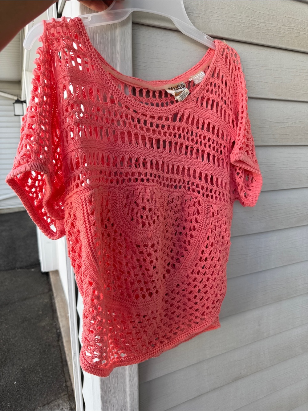 Mudd Crochet Knit Openwork Short Sleeve Top - Coral Pink